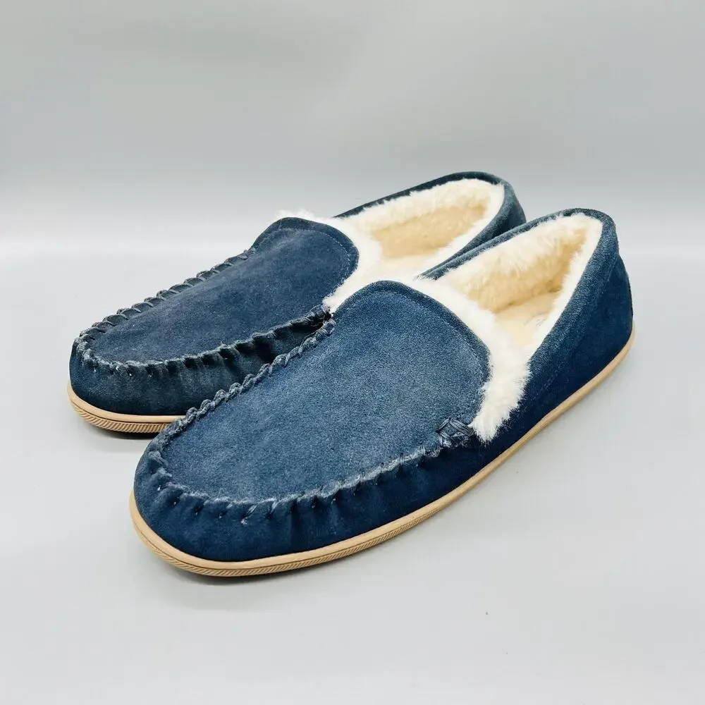 J Crew Shoes Mens 11 Blue Suede Faux Fur Lined Moccasin House Slippers Comfort